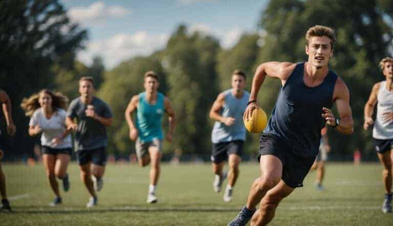 Players running on a field, throwing and catching frisbees, while following the rules of Ultimate Frisbee