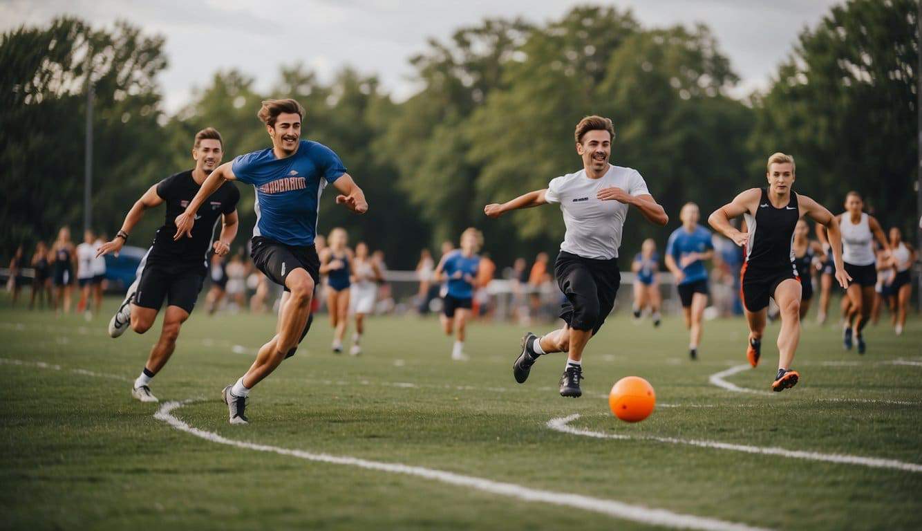 Players sprinting, leaping, and diving to catch the frisbee in a competitive game