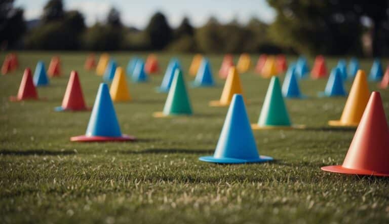 Players sprint, throw, and catch frisbees on a grassy field with colorful cones marking boundaries