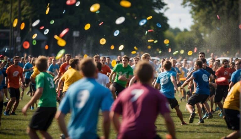 A crowded field with teams from around the world competing in intense Ultimate Frisbee matches, with colorful discs flying through the air and players leaping to make epic catches