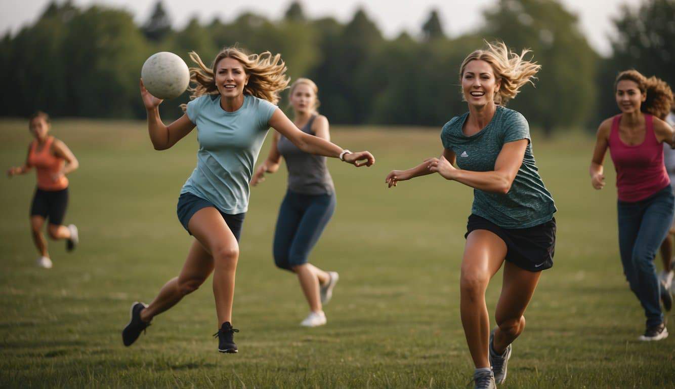 A group of women playing Ultimate Frisbee in a grassy field, with one player catching the disc mid-air while others run and maneuver around her