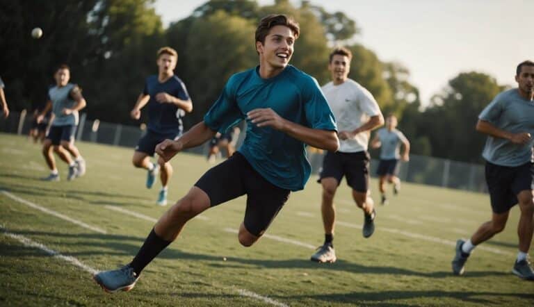 Players running, jumping, and catching frisbees. One player falls, but others quickly help them up. Safety gear visible