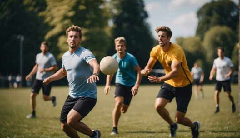 A group plays Ultimate Frisbee in a grassy park in Germany. The players run, jump, and throw the disc with enthusiasm