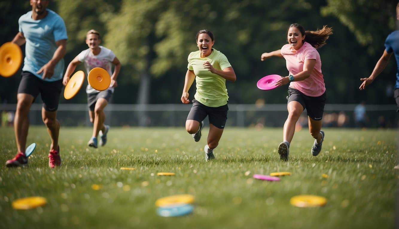 Players running on a grassy field, throwing and catching Frisbees, with colorful discs flying through the air