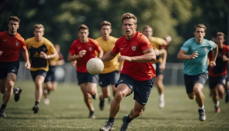 Players sprinting on a grass field, throwing and catching frisbees with intense focus and determination