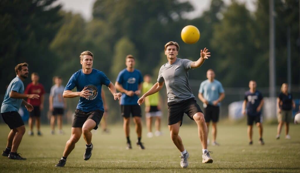 Players on a field, throwing and catching frisbees, following the rules of Ultimate Frisbee