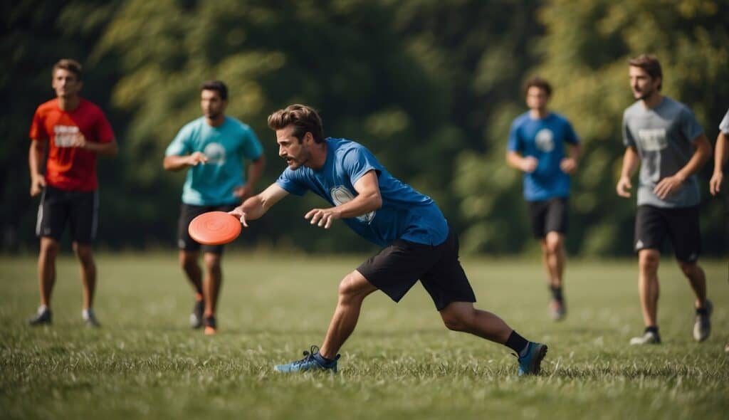 A group of players on a field, passing and catching a flying disc, while following the rules and actions of Ultimate Frisbee