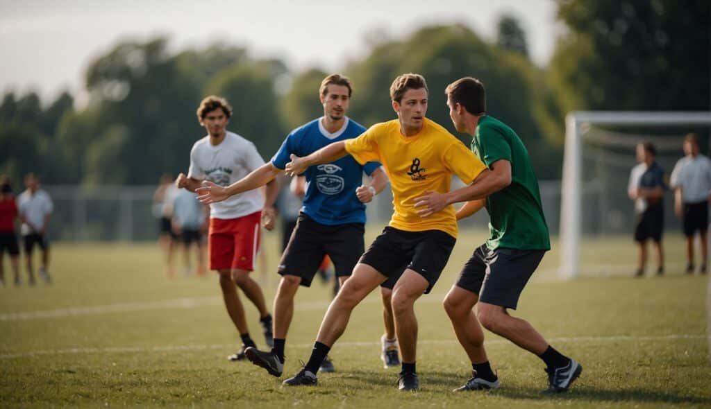 Players on a field, showing fairness and sportsmanship, following the rules of Ultimate Frisbee with a spirit of camaraderie and respect