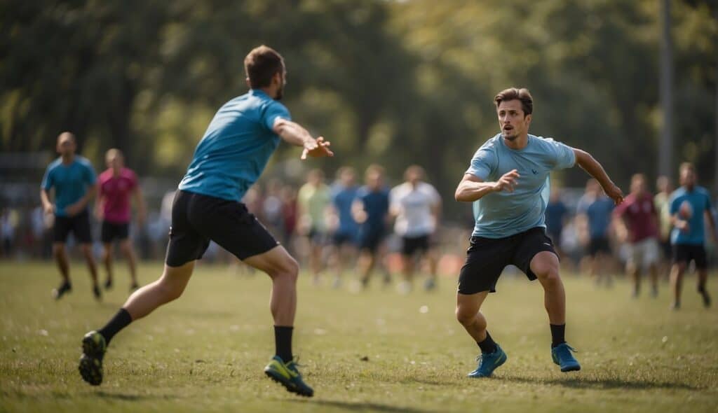 Players in a heated Ultimate Frisbee match, diving and leaping to catch the disc in a fast-paced game