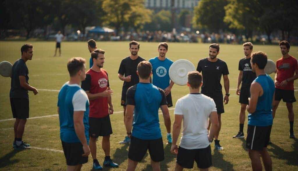 A group of Ultimate Frisbee players gather in a circle, discussing the values and culture of the sport. A flying disc soars through the air, with players in motion around it