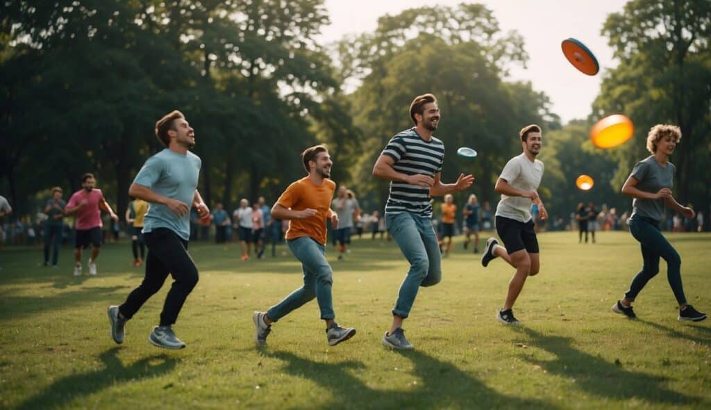 A group of people playing Ultimate Frisbee in a park, with colorful discs flying through the air and players running and jumping to catch them