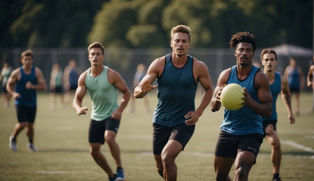 A group of athletes practicing Ultimate Frisbee training and fitness exercises in a sports field