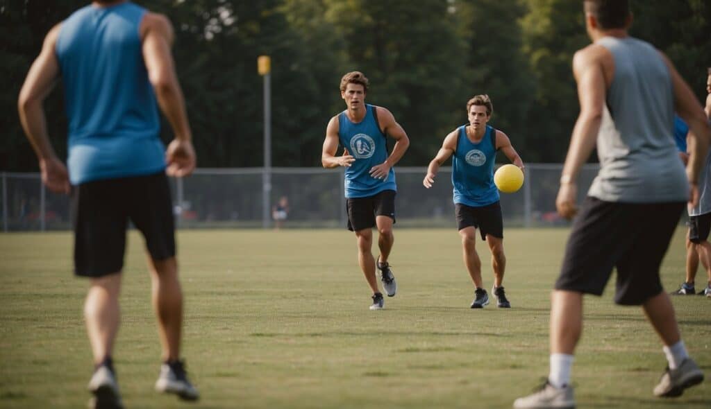 Players running, passing, and strategizing on a field during an Ultimate Frisbee training session. Cones and markers set up for drills