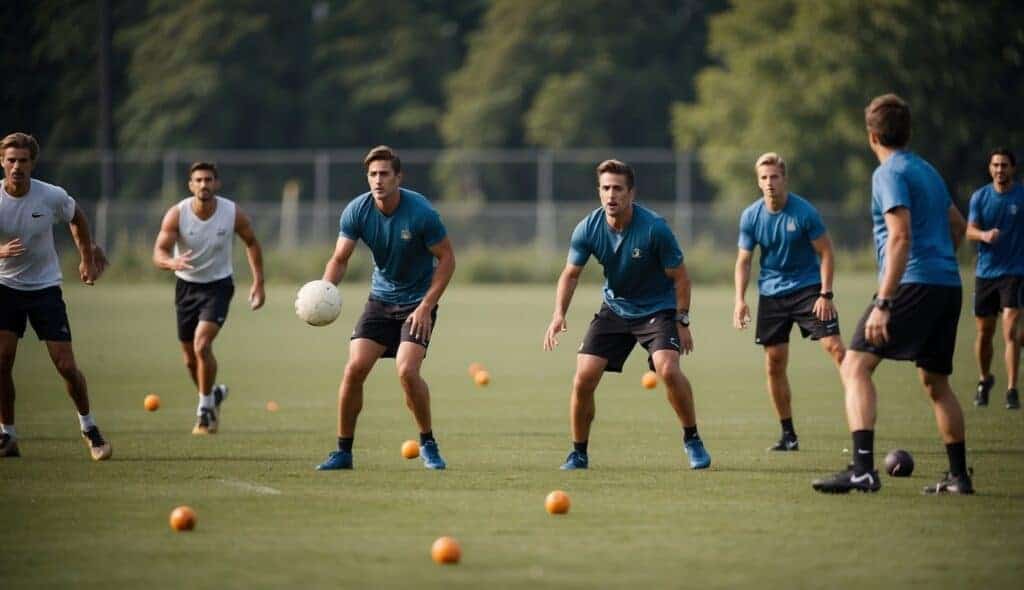 Players training on a field, throwing and catching frisbees. Energy and focus evident. Snacks and water bottles nearby