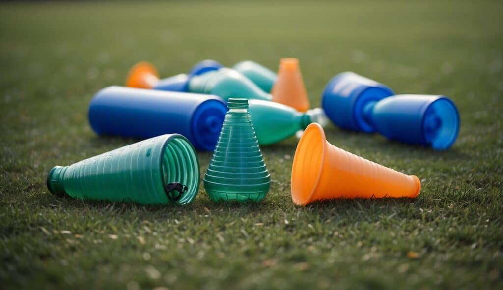 Players lay out ultimate frisbee equipment, cones, and water bottles on a grass field for training and competition preparation