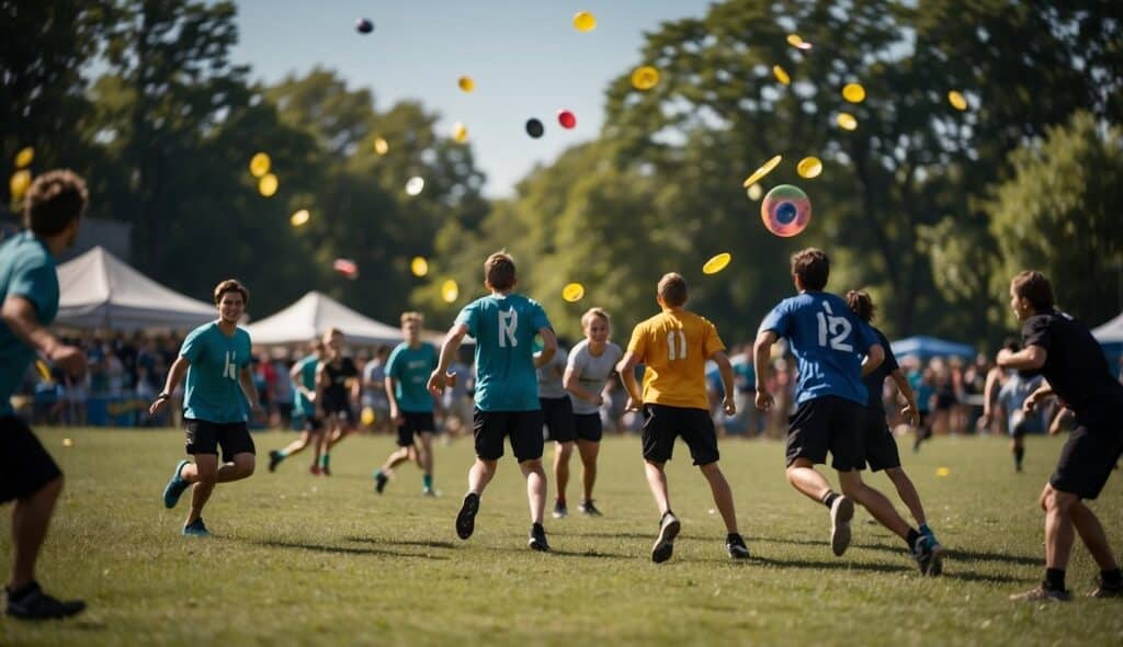 A field with multiple Ultimate Frisbee teams competing, colorful discs flying through the air, players running and diving to catch them. Excitement and energy fill the atmosphere as the tournament unfolds