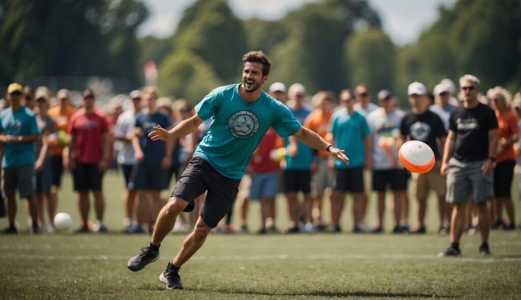 A dynamic Ultimate Frisbee tournament with players in action, throwing and catching frisbees on a vibrant field, surrounded by cheering spectators