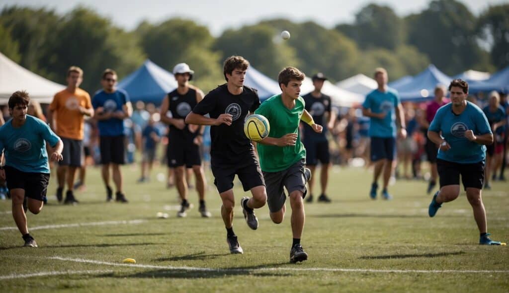 A crowded field with players in action, throwing and catching Frisbees. Banners and tents line the perimeter, indicating a major Ultimate Frisbee tournament