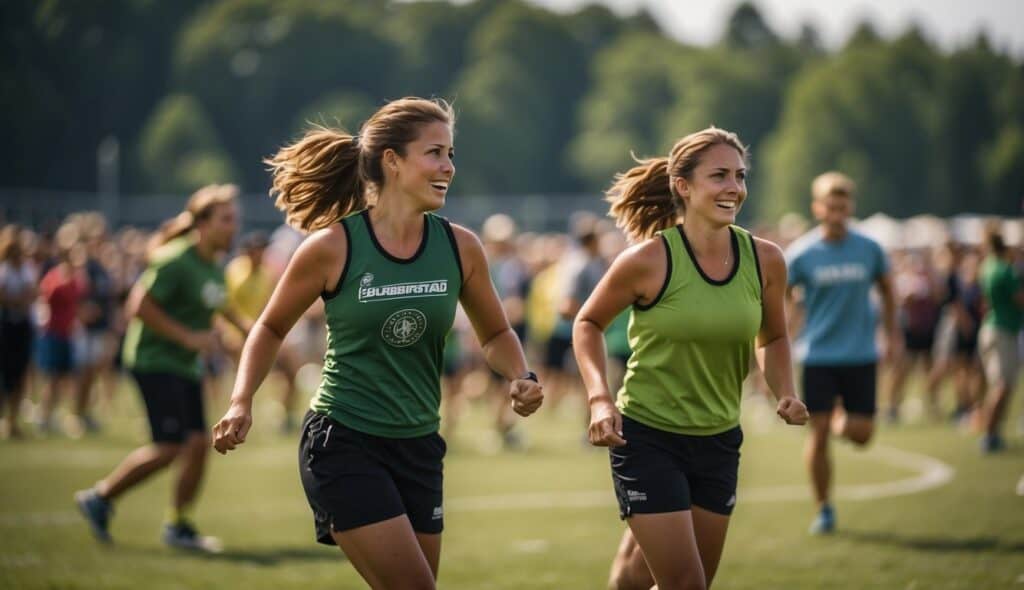 A bustling Ultimate Frisbee tournament in a specific region, with teams competing on a green field surrounded by cheering spectators