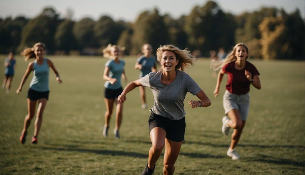 A group of women playing Ultimate Frisbee on a grassy field, with one player throwing the frisbee while others run and jump to catch it