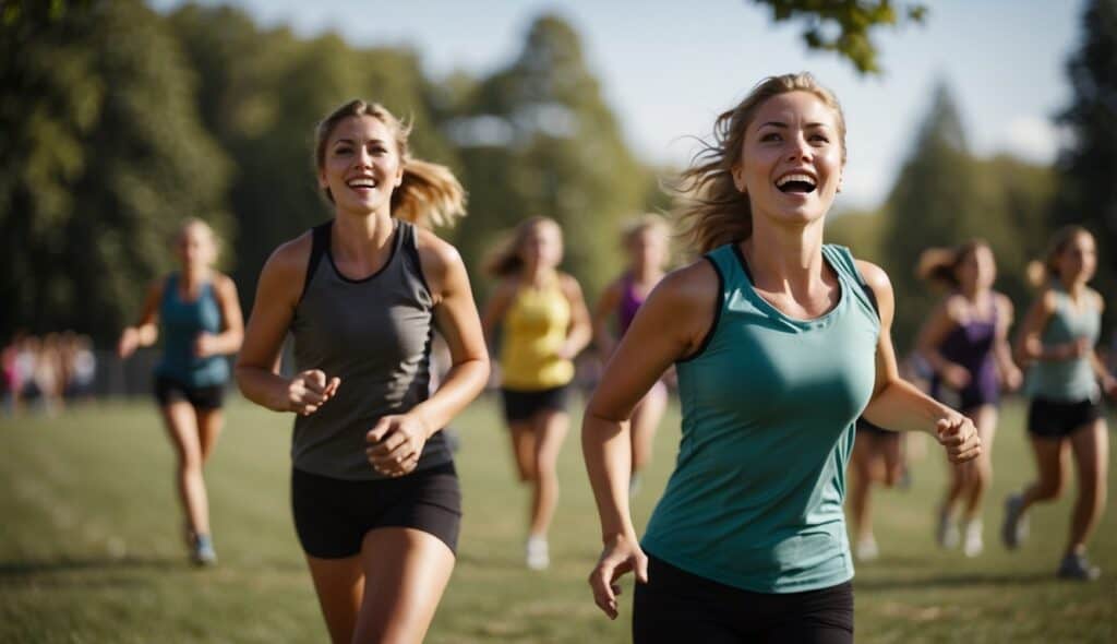 A group of women playing Ultimate Frisbee in a park, running, jumping, and throwing the disc with enthusiasm and determination