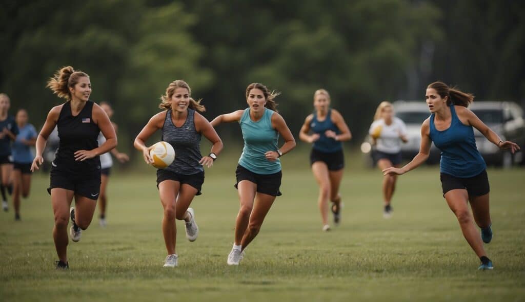 A group of women playing Ultimate Frisbee on a grassy field in the United States, with players running, throwing, and catching the disc