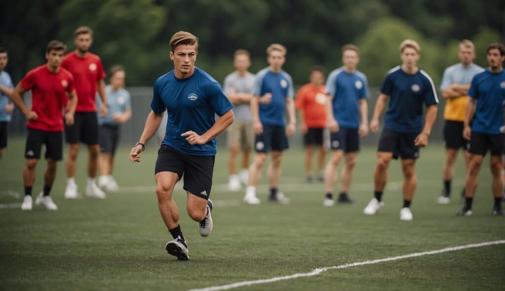 Players performing warm-up exercises before an Ultimate Frisbee game to prevent injuries