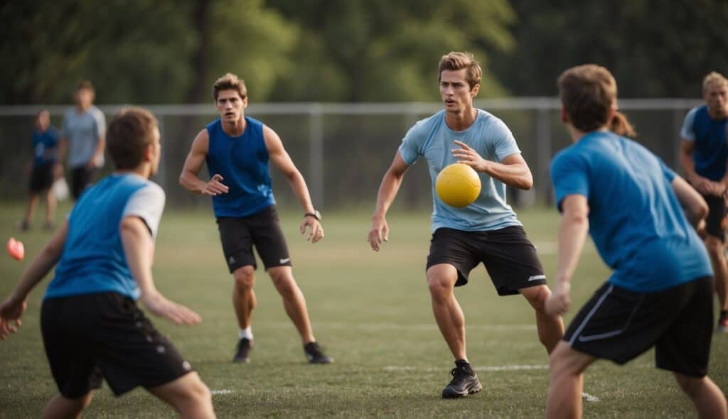 A group of Ultimate Frisbee players practicing safe techniques to avoid injuries during a game