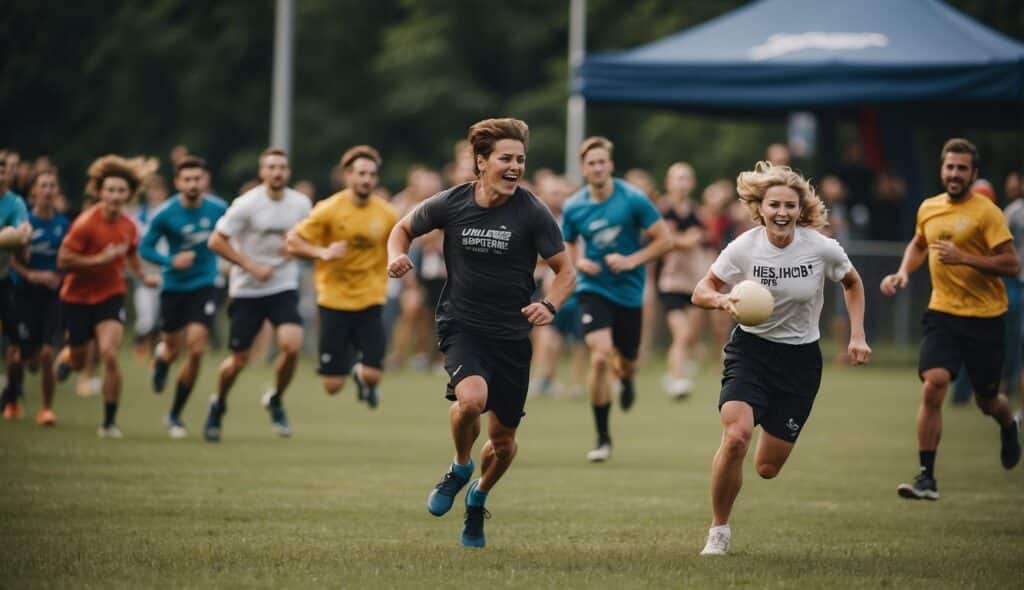 Players running on a field, throwing and catching frisbees. A crowd cheers as teams compete in a spirited game of Ultimate Frisbee in Germany