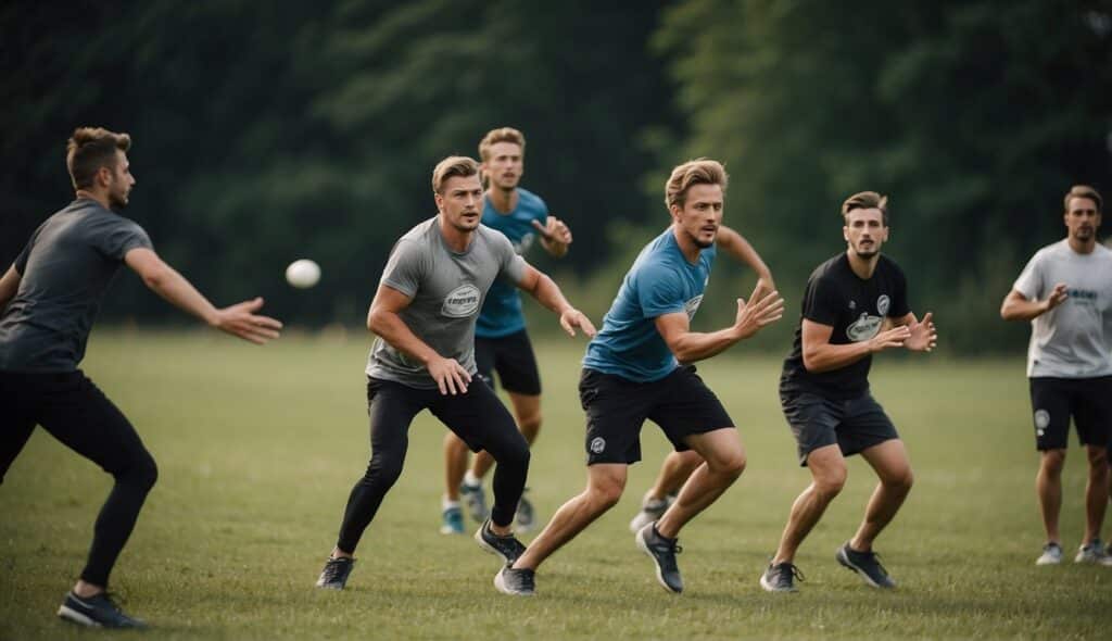 A group of players on a grassy field, throwing and catching a flying disc, following the rules and format of Ultimate Frisbee in Germany