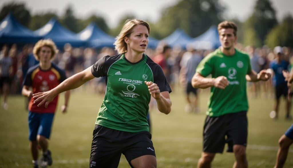 Ultimate Frisbee tournaments and championships in Germany: players competing on a green field, throwing and catching frisbees, with spectators cheering from the sidelines