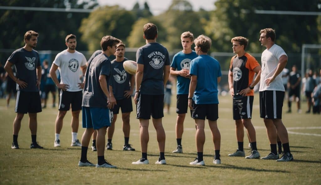 Players strategizing and practicing basic Ultimate Frisbee rules and techniques on a field