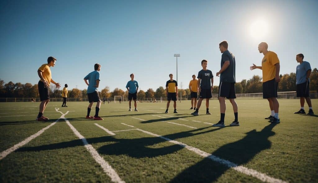 Players setting up defensive positions on a frisbee field, strategizing and communicating to anticipate the opposing team's moves