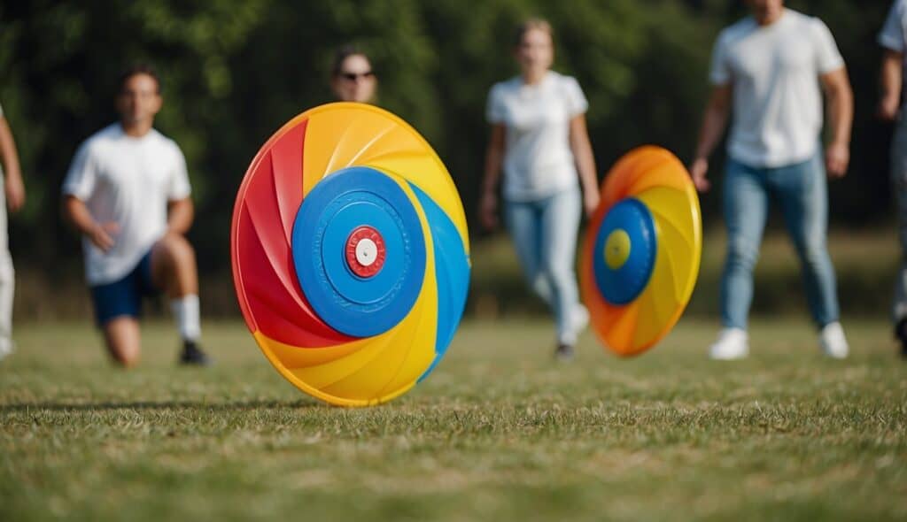 A group of players on a grassy field, throwing and catching a flying disc, with colorful cones marking the boundaries