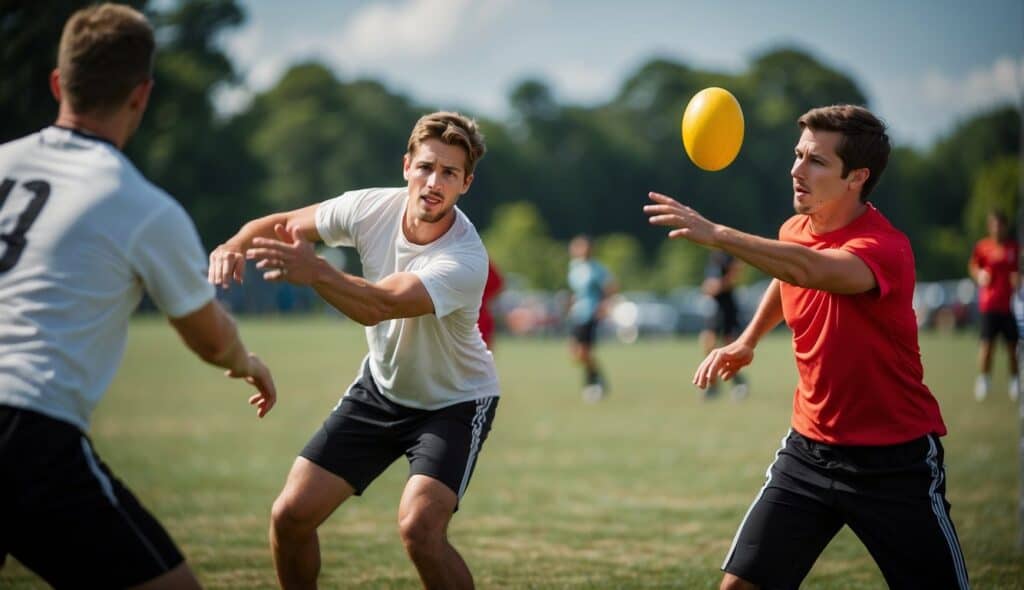 Players demonstrating various Ultimate Frisbee techniques and strategies on a field, including cutting, throwing, and defensive positioning