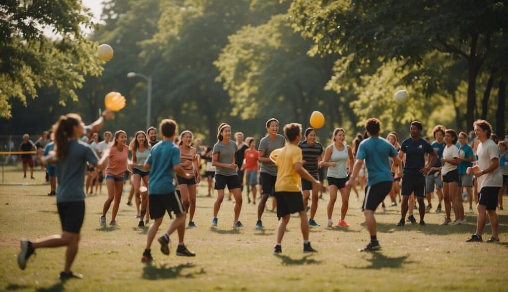 A group of people playing Ultimate Frisbee in a community park, surrounded by vibrant cultural elements and cheering spectators