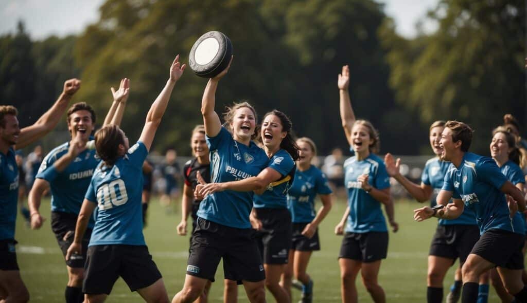 Players celebrating victory, high-fiving and cheering. Disc flying through the air, with players in action. Scoreboard displaying the final result of the Ultimate Frisbee game